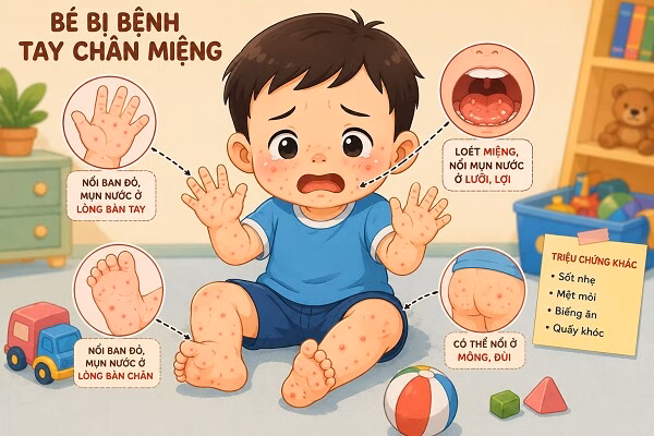Biểu hiện thường gặp ở trẻ bệnh tay chân miệng.
