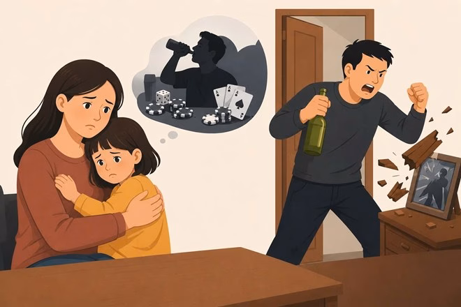 Nỗi ám ảnh của trẻ nhỏ khi cha thường xuyên say xỉn và có hành vi quấy rối tại nhà. Ảnh: AI/Phạm Ngọc