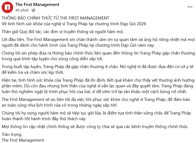 Thông báo chính thức từ công ty quản lý của Trang Pháp về tình trạng sức khỏe hiện tại